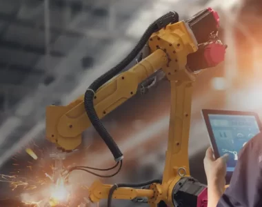 Imagem de pessoa com equipamentos de segurança interagindo com maquinas industriais